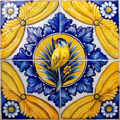Vibrant Traditional Mexican Ceramic Tile with Yellow and Blue Floral Patterns. AI Generated
