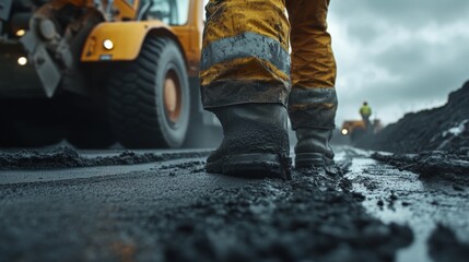 Road worker repaving a section of road. Featuring efficiency and skill