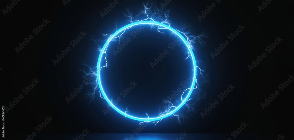Poster blue neon ring of lightning energy on black background. abstract energy circle with lightning discha