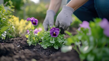 Fototapeta premium Landscaper planting flowers in garden bed. Featuring care and attention to detail