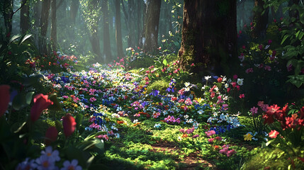 Obraz premium Sunlit forest path dotted with vibrant wildflowers.