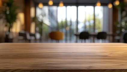Fototapeta premium Empty Wooden Table in Blurred Modern Cafe Interior