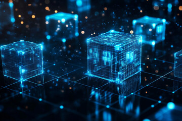 Glowing digital cubes illuminate a futuristic network, showcasing interconnected data streams in a vibrant, abstract landscape.