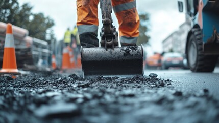 Naklejka premium Road worker using a jackhammer to break asphalt on a busy street. Featuring power and focus