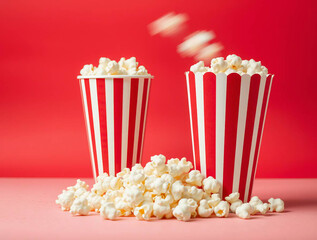 two popcorn containers with a classic red and white striped design.