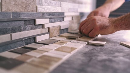 Tile setter placing tiles on a kitchen backsplash. Featuring accuracy and design