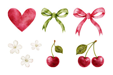 Watercolor set - cherries with green leaves,cherry blossom, bows and heart. Cute illustration berries for summer fabrics, stickers, cards, posters, logos.