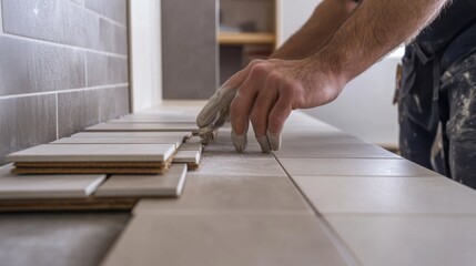 Tile setter placing tiles on a kitchen backsplash. Featuring accuracy and design