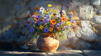 Vibrant wildflowers in a rustic terracotta pot against a stone wall.