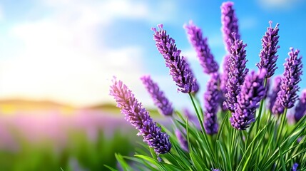 Fototapeta premium Vibrant Lavender Fields Under Bright Blue Sky at Golden Hour