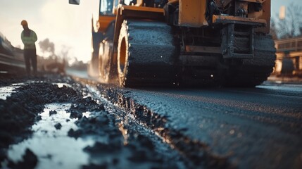 Roadworker operating a paver machine to lay asphalt on a highway. Featuring focus and teamwork