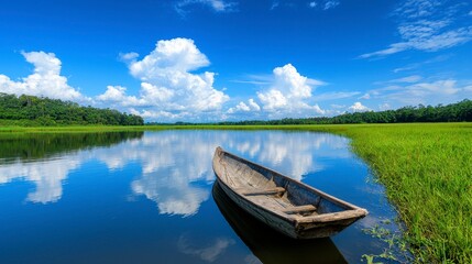 Obraz premium Serene Landscape with Boat and Clear Sky Reflections on Water