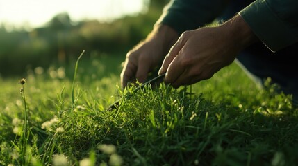 Fototapeta premium Landscaper trimming grass in front yard. Featuring care and focus