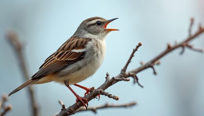 Fototapeta premium Beautiful barred warbler singing perched on branch. Bird with brown wings, white breast, grey head, red legs sings with open beak. Wildlife nature photo.