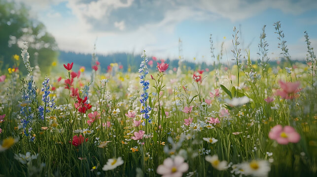 Vibrant meadow flowers under a summer sky.