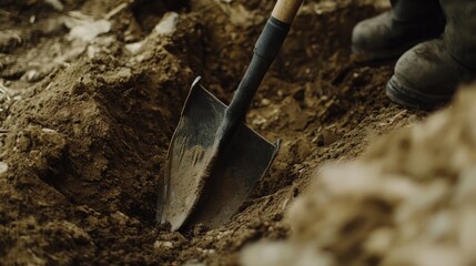 Trench digger manually clearing a narrow ditch for underground cables. Featuring physical effort and precision
