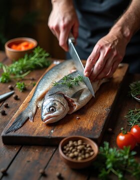 Chef cuts raw Merluccius fish on wooden cutting board with knife. Home-cooked national fish dish with fresh vegetables. Culinary art, delicious food with herbs, spices, tomatoes on wooden table.