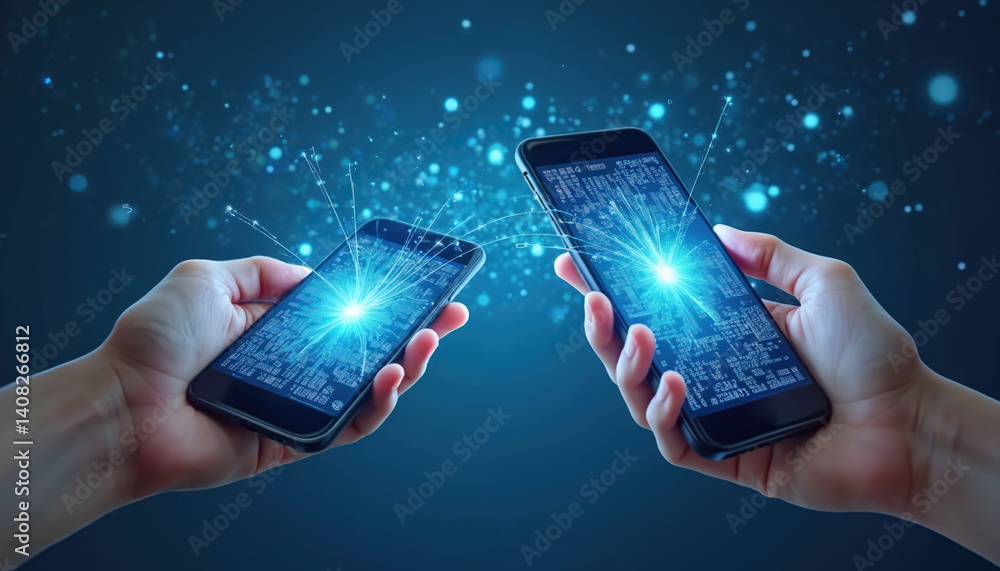 Poster smartphones transferring data information concept illustration. two mobile phones, illuminated displ