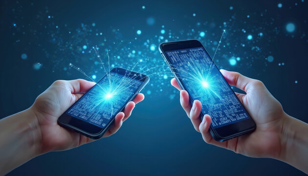 Smartphones transferring data information concept illustration. Two mobile phones, illuminated displays. Wireless data exchange via Wi-Fi, Bluetooth, cloud. Hands hold devices transferring digital
