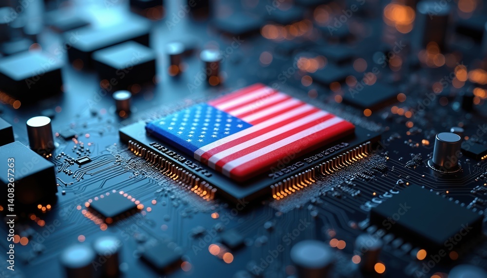 Aufkleber Illustration of computer chip featuring USA flag. Close-up view of microchip US technological innovation, advancements in digital electronics. Ideal for tech-related projects, illustrating national