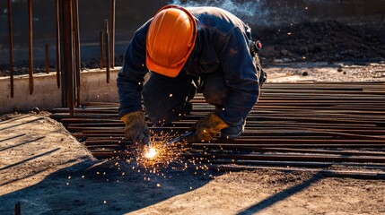 Welder working on metal at a construction site. Featuring craftsmanship and intensity