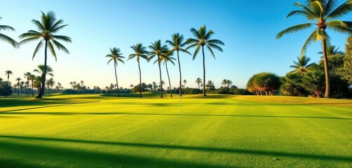 Fototapeta premium Green manicured golf course fairway with palm trees in the distance, relaxing, picture, fairway view