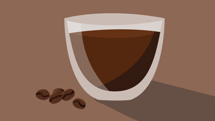 A coffee cup and coffee beans. Black coffee in a transparent glass mug. Brown coffee illustration.
