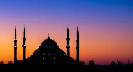 Obraz premium Mosque silhouette against a vibrant sunset background 
