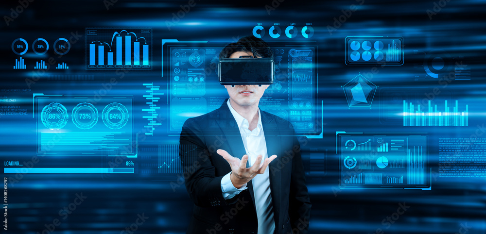 Poster smart business man connecting at global network by using vr glasses. project manager accessing big d