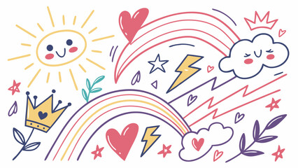 Whimsical Rainbow Doodle Art Sun, Hearts, Crowns, and Clouds