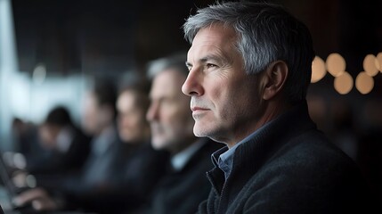 Mature man thoughtfully gazes through a window.