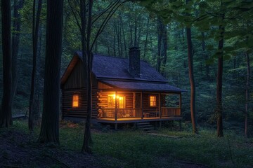 A house in the heart of the forest is surrounded by trees, the branches of which are gently illuminated by warm light from within.