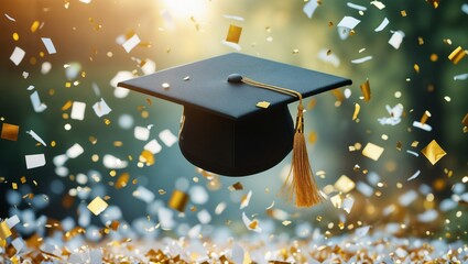 A black graduation cap with a gold tassel soars into the air, surrounded by a lively burst of celebratory confetti in an outdoor setting
