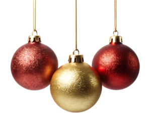 Three hanging Christmas balls isolated on white background png