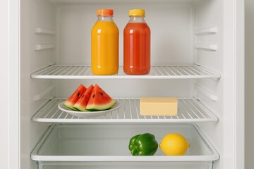 Organized fridge with vibrant juices and fresh ingredients stored neatly inside
