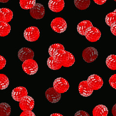 Glossy candy bars shaped like bold red raspberry. Seamless pattern with dessert on a black background.
