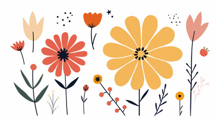 Vector set of spring Easter flowers and insects in flat style isolated on white background.