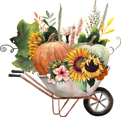 Watercolor Autumn Wheelbarrow with Pumpkins and Sunflowers