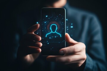 Person holding a smartphone with a glowing blue human figure displayed on the screen in a dark environment