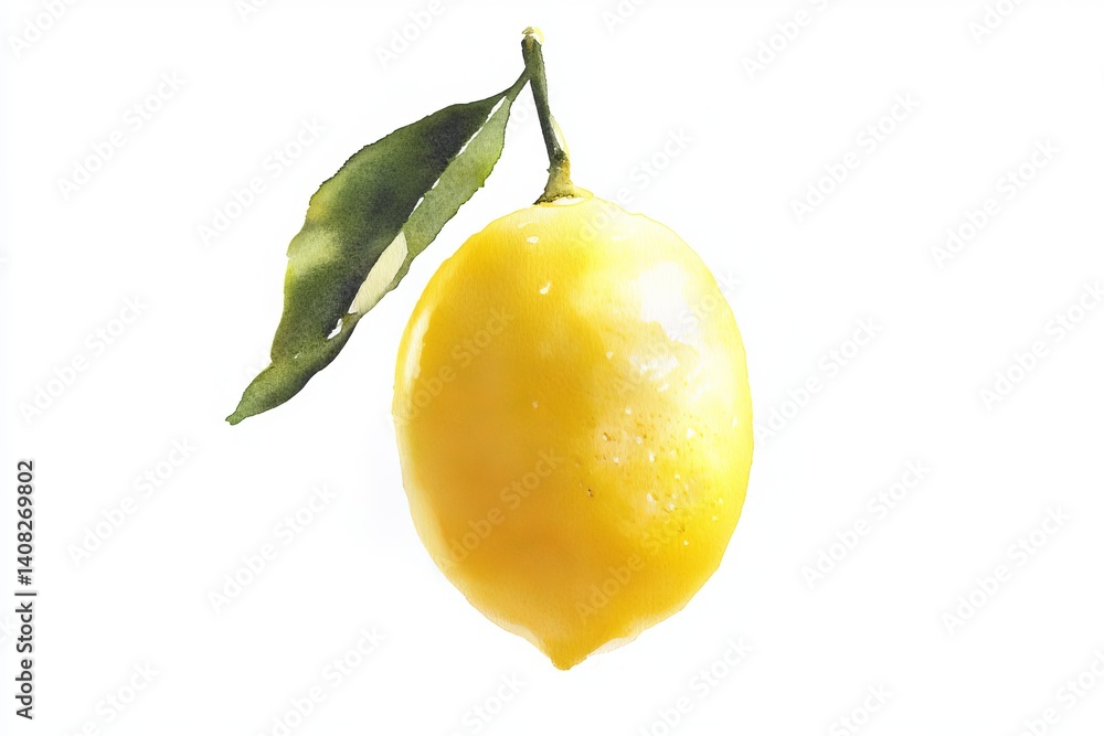 Poster a single lemon hanging with a green leaf against a white background in a studio setting image view