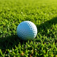 Obraz premium Sunlit golf ball rests on green grass, shadows cast, sport, hole, grass