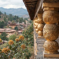 Fototapeta premium Sacred carvings shining on old temple rooftop high resolution image
