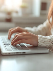 Focused woman typing on a laptop at home. Cozy work-from-home or online study concept.
