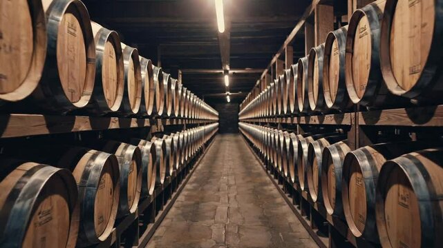 Wine barrels stacked in cellar aging wine or whisky
