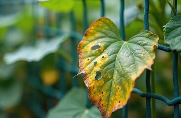 Obraz premium Close-up sick cucumber plant leaf. Plant disease, leaf spot, yellow spots. Holes on leaf. Agriculture eco-friendly eco farm, gardening, harvest, farming. Organic food cultivation.