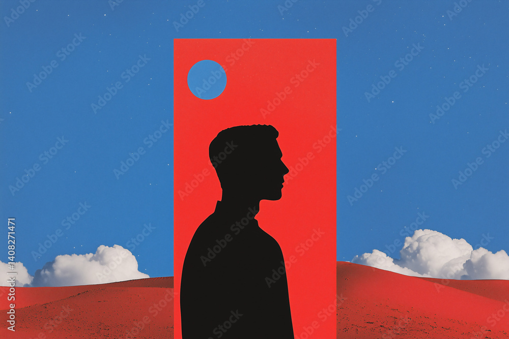 Poster silhouette of a man: a striking silhouette of a man standing against a vibrant red backdrop with a s