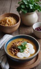 Delicious homemade soup served with yogurt, herbs, and beans on a rustic wooden table