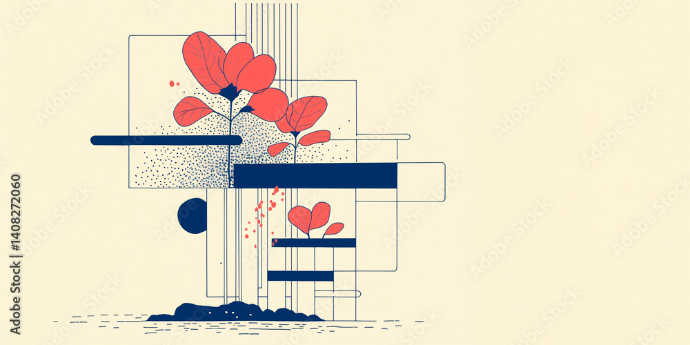 Poster abstract floral composition: a striking abstract illustration of vibrant red flowers set against a b