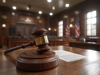 Courtroom Gavel on Table, American Flags
