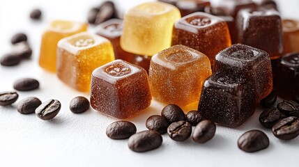 Glossy caffeine gummies scattered with coffee beans on a white surface